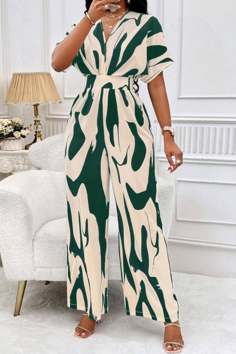 Out-Shine | Printed V-Neck Short Sleeve Wide Leg Jumpsuit