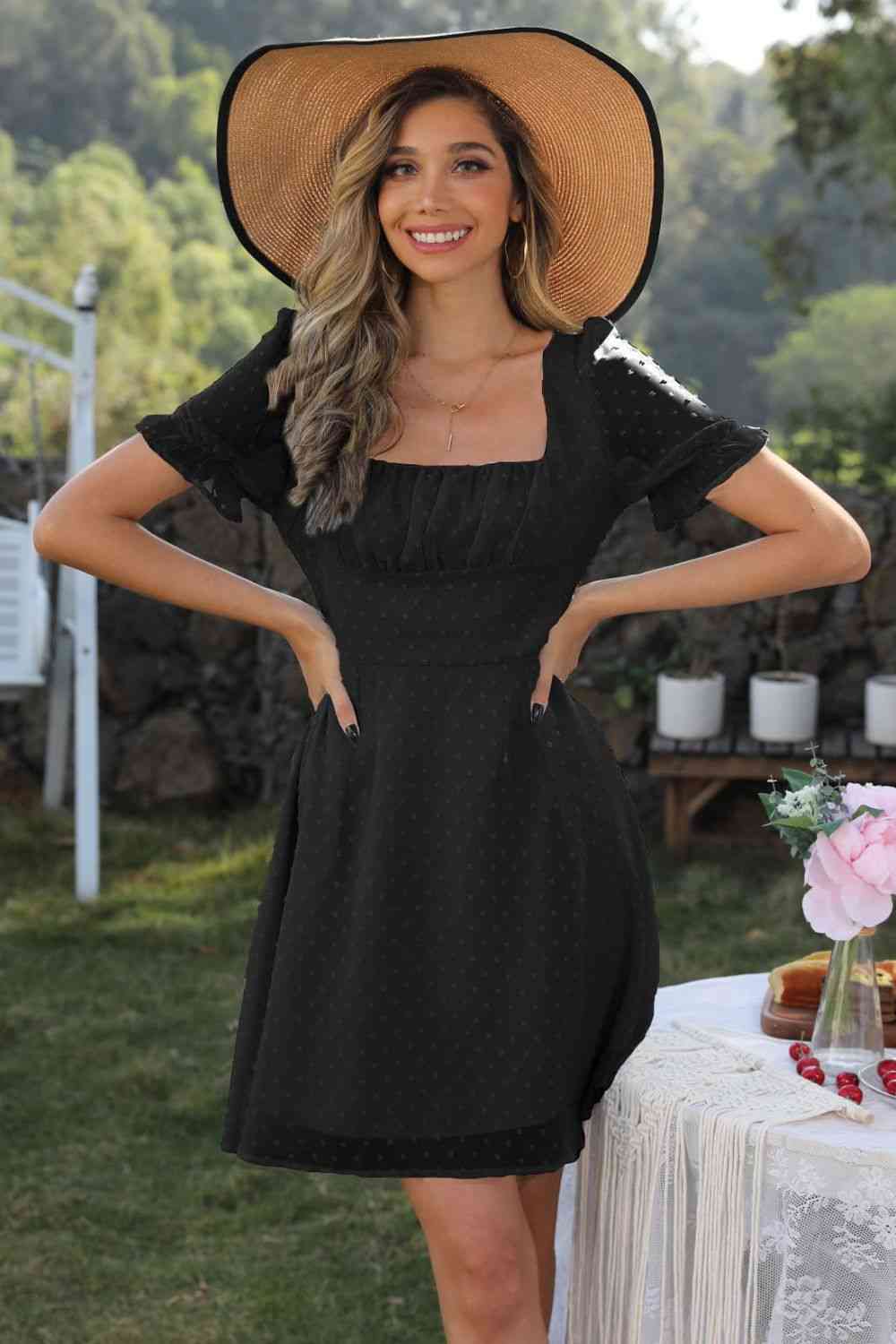 Out-Shine | Square Neck Swiss Dot Flounce Sleeve Dress