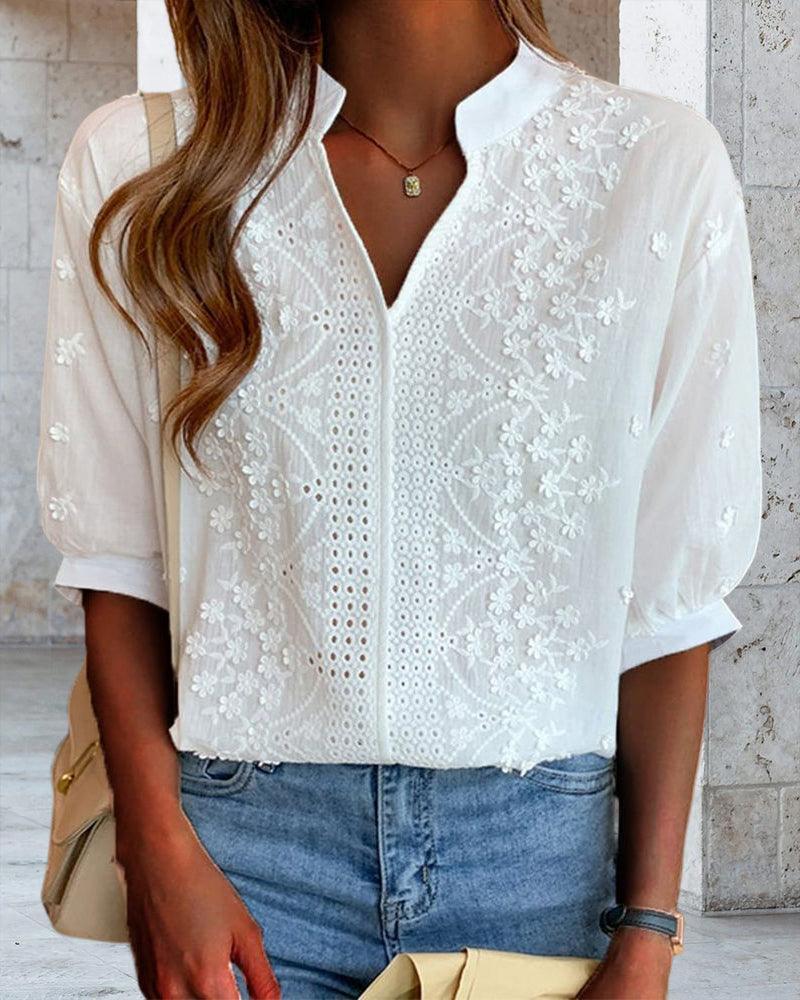 Out-Shine | V-Neck Stand-Up Collar Embroidered Blouse