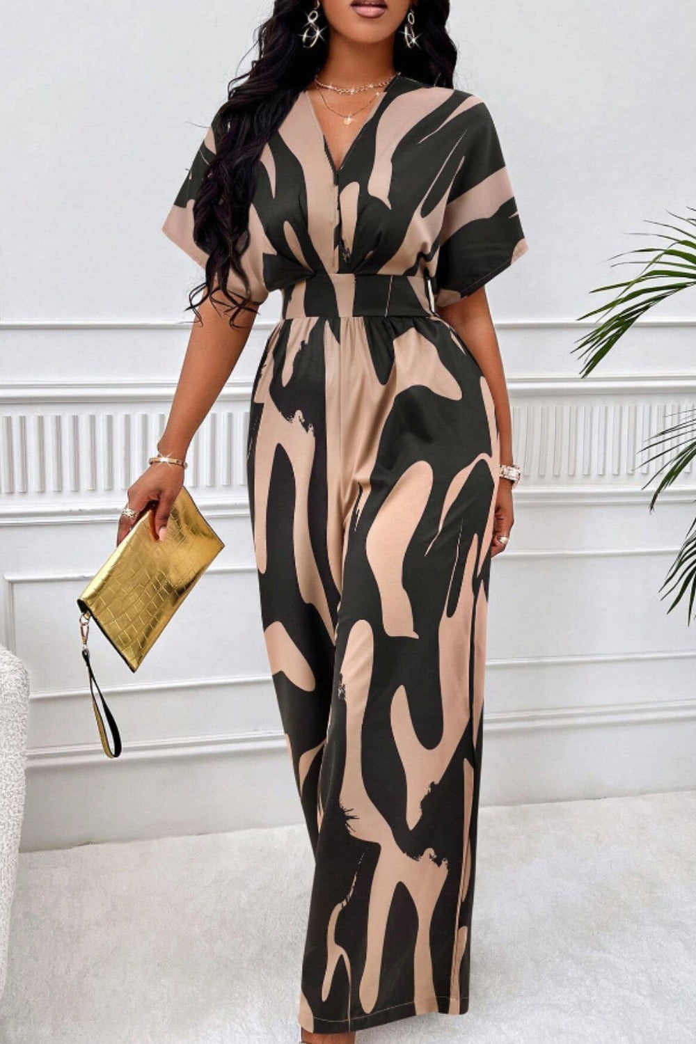 Out-Shine | Printed V-Neck Short Sleeve Wide Leg Jumpsuit