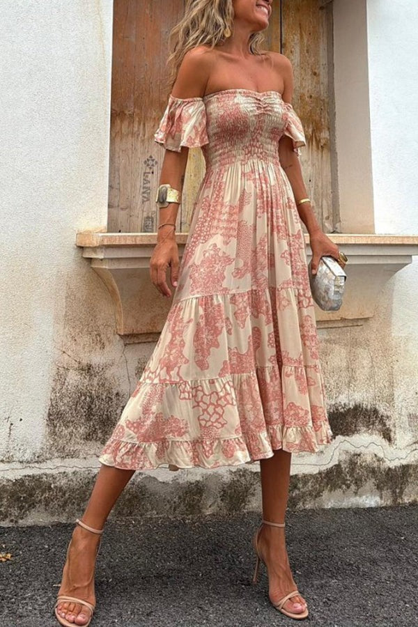 Out-Shine | Unique Print Off Shoulder Smocked Ruffle Sleeve Layered Midi Dress