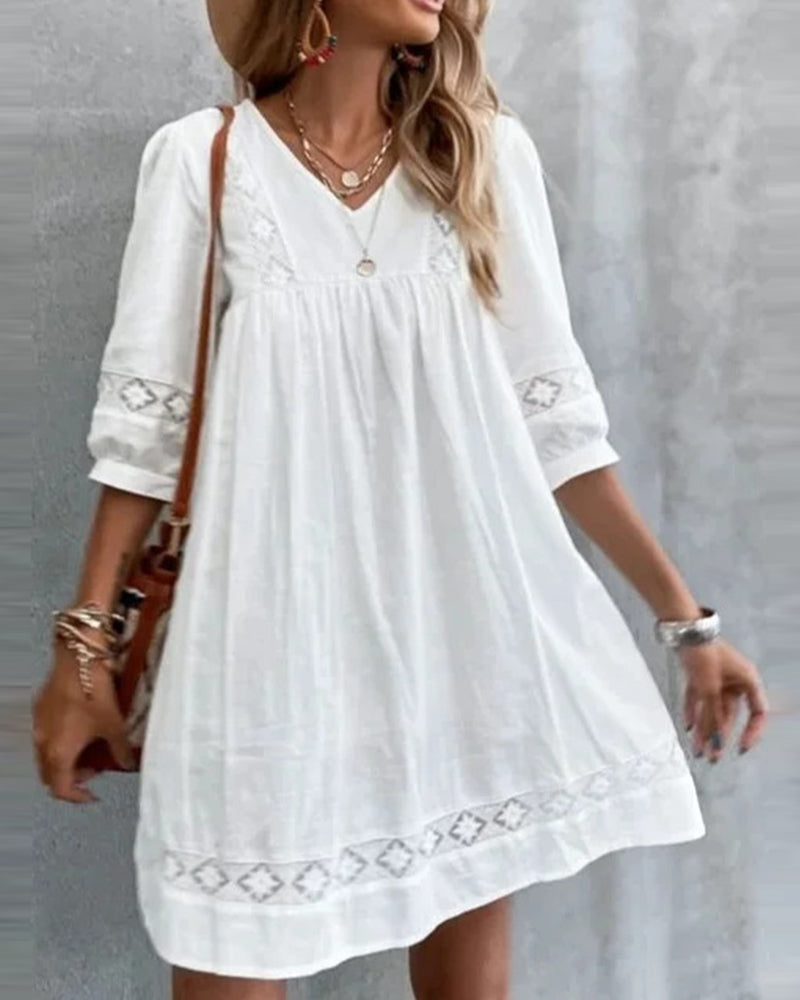 Out-Shine | Plain Lace Dress With V-Neck And Three-Quarter Sleeves