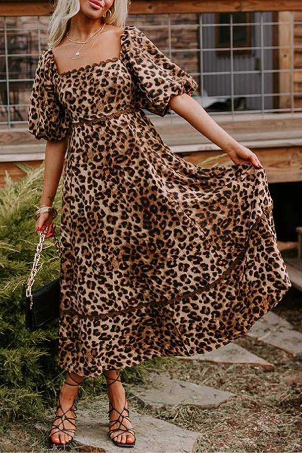 Deslumbra | Vestido largo de ricrac con mangas abullonadas y estampado de leopardo 