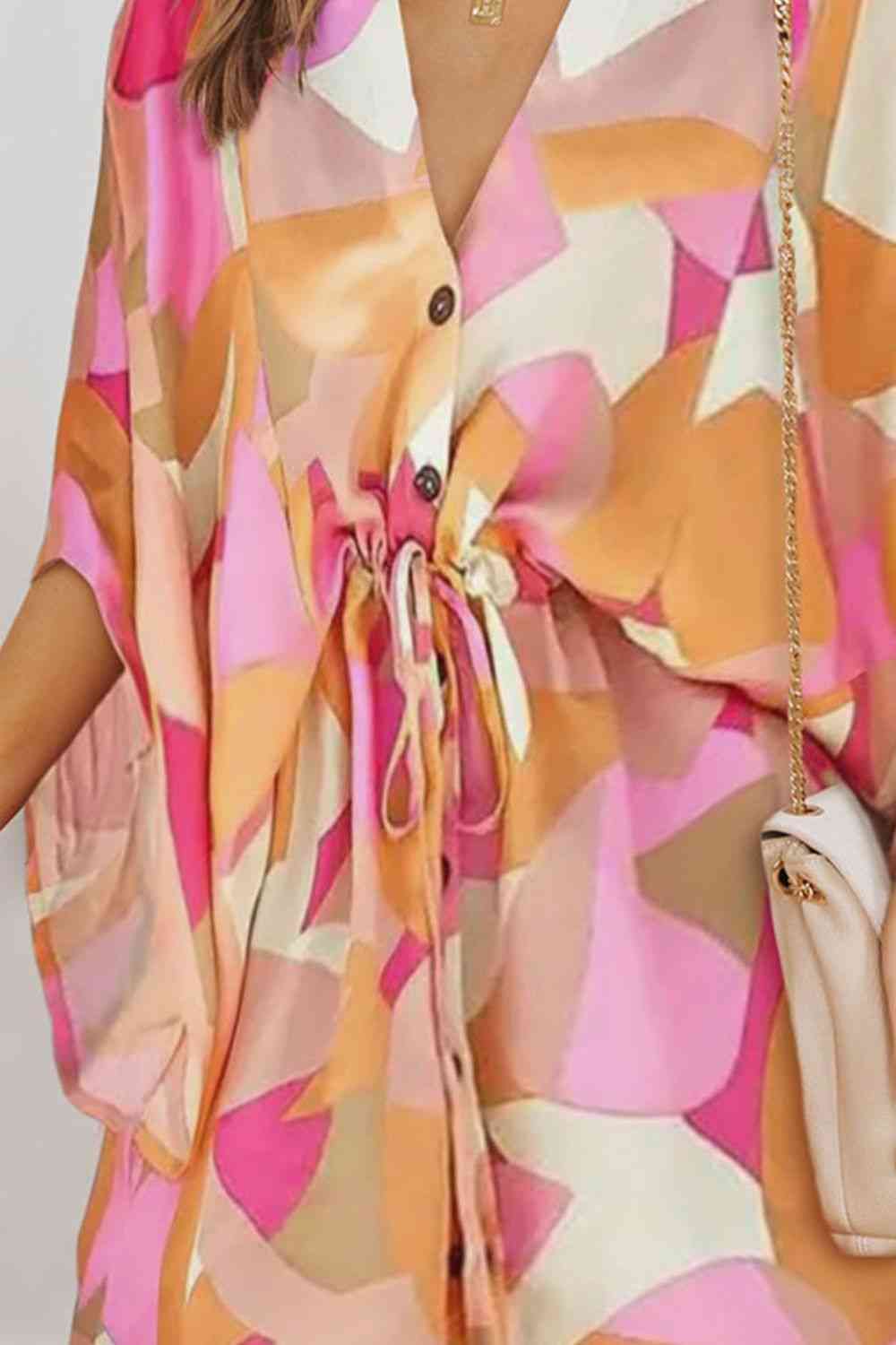 Out-Shine | Printed V - Neck Drawstring Waist Dress