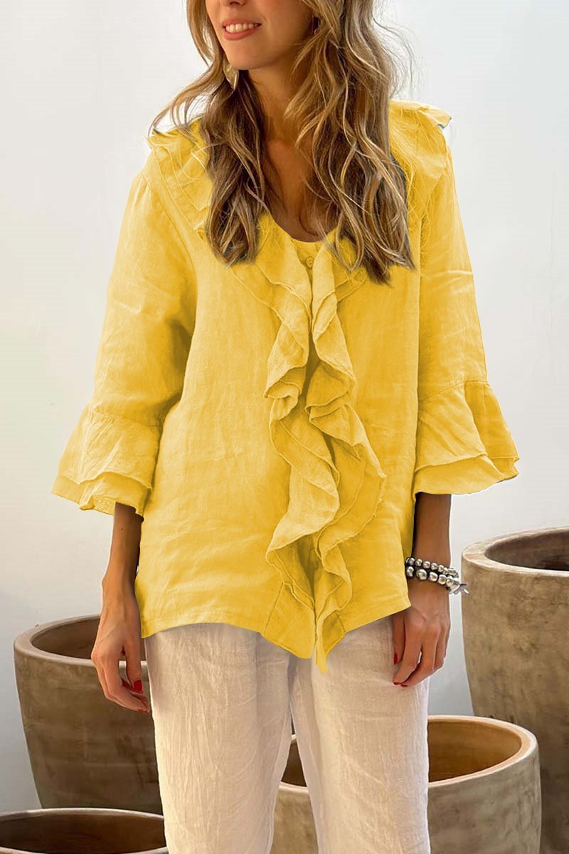 Out-Shine | Casual Ruffle Collar Cotton and Linen Tops