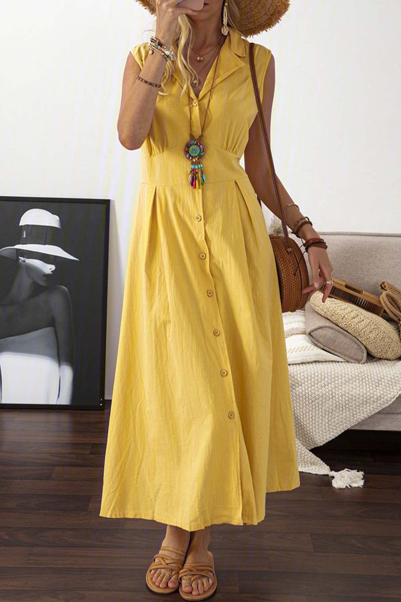 Out-Shine | Lapel Button Down Sleeveless Midi Dress