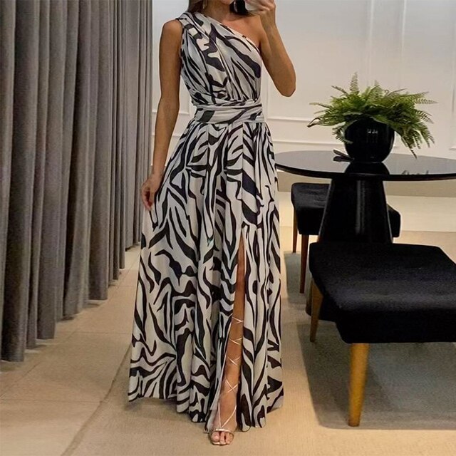 Out-Shine | Women's One Shoulder Zebra Print Dress High Slit