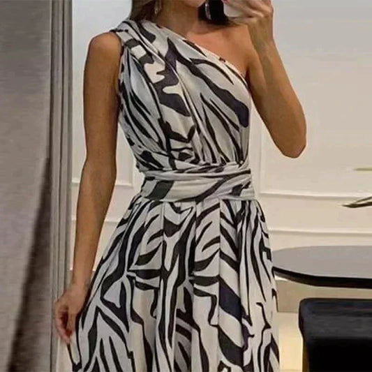 Out-Shine | Women's One Shoulder Zebra Print Dress High Slit