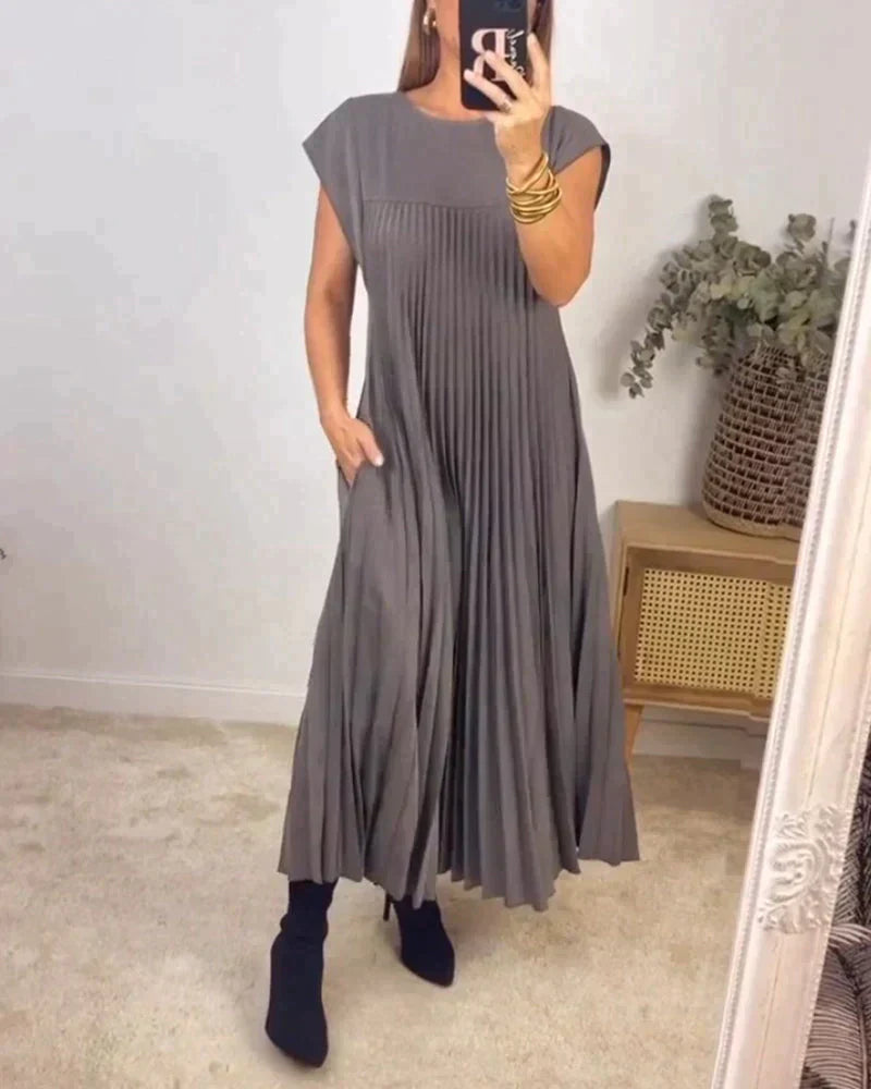 Out-Shine | Women's Long Pleated Dress Round Neck