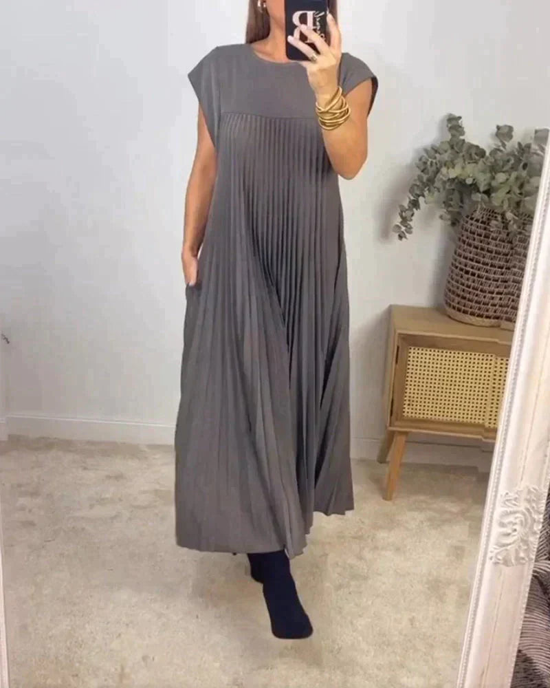 Out-Shine | Women's Long Pleated Dress Round Neck