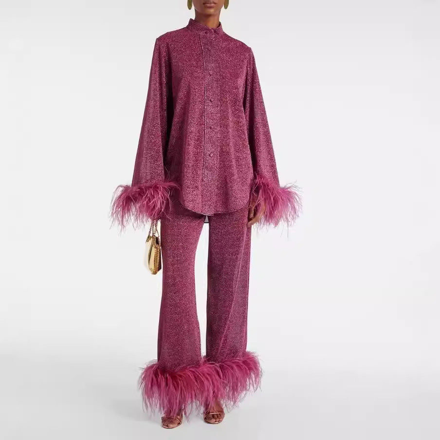 Out-Shine | Feather standing collar long sleeve top and pants set
