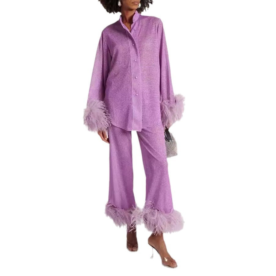 Out-Shine | Feather standing collar long sleeve top and pants set