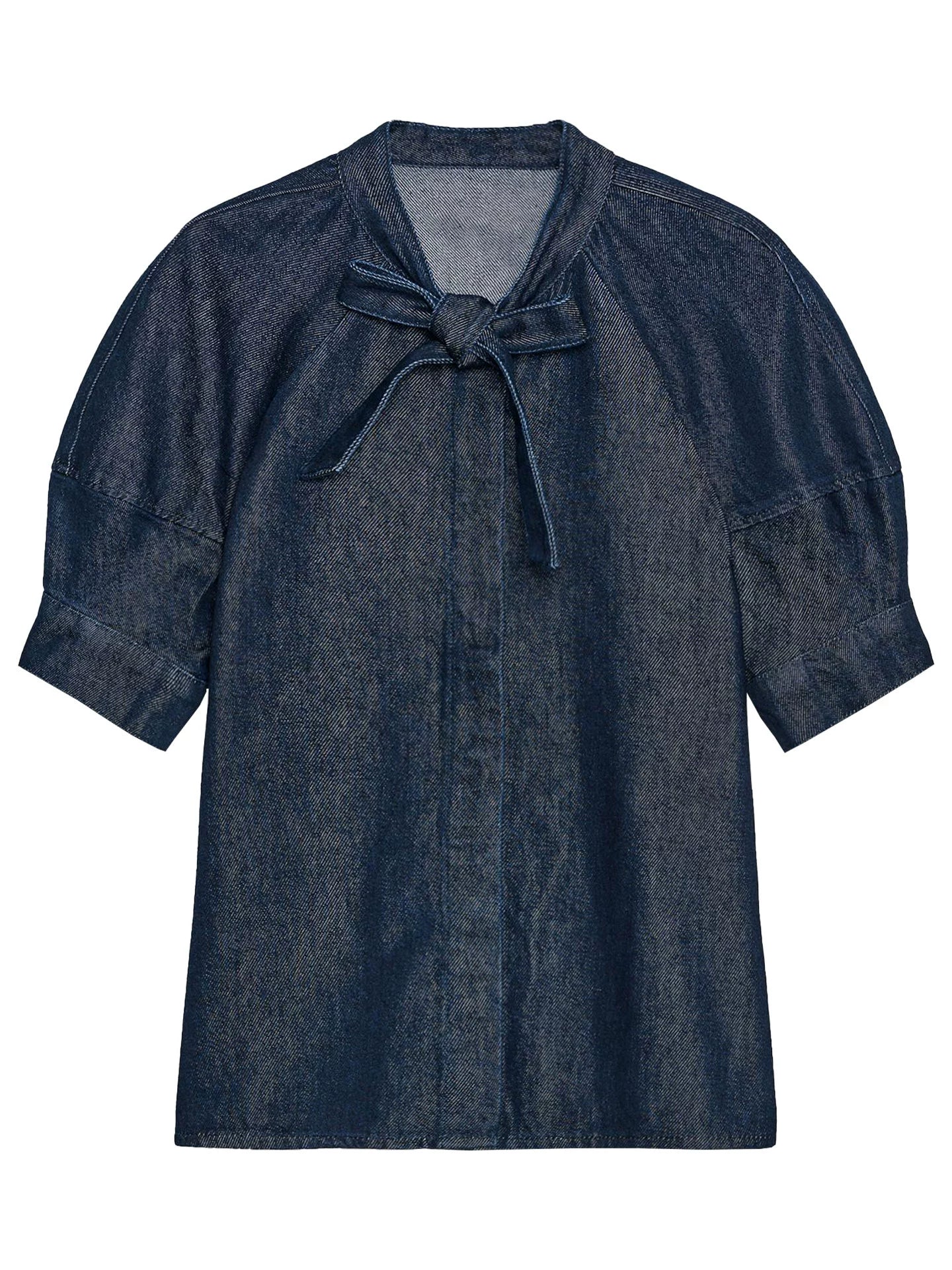 Out-Shine | Bow-Detailed Puff Short Sleeve Round Neck Denim Shirt
