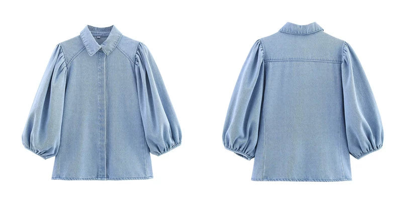 Out-Shine | Women's New Retro Style Collar Puff Sleeve Denim Shirt