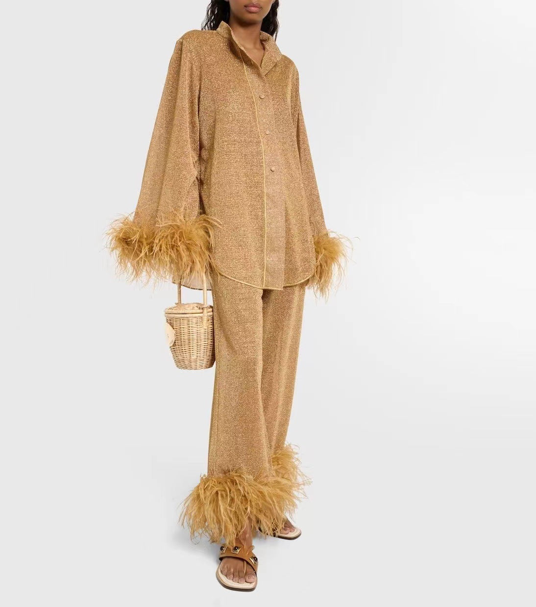 Out-Shine | Feather standing collar long sleeve top and pants set