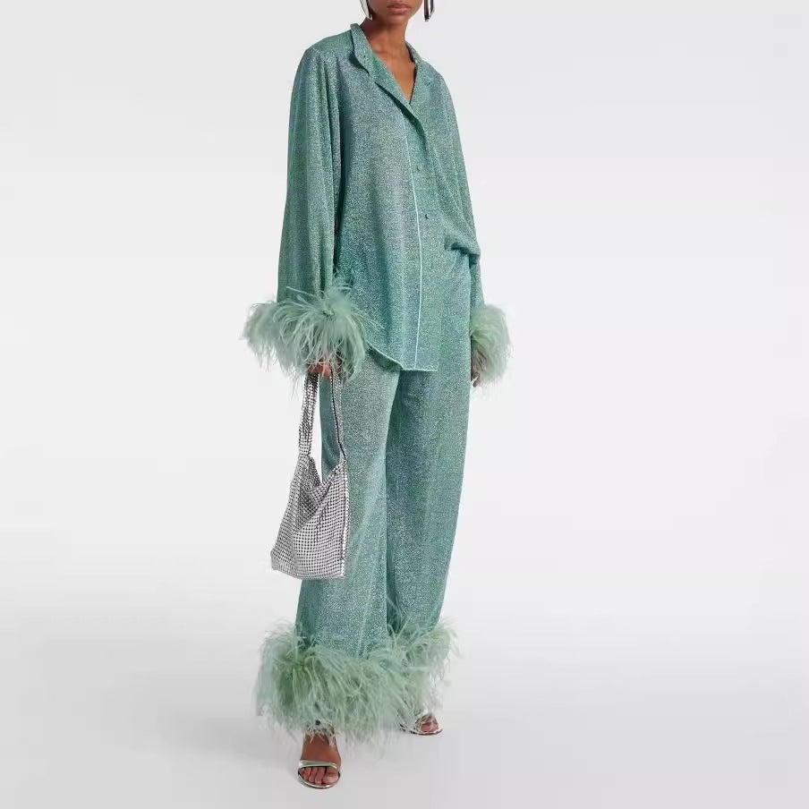 Out-Shine | Feather standing collar long sleeve top and pants set