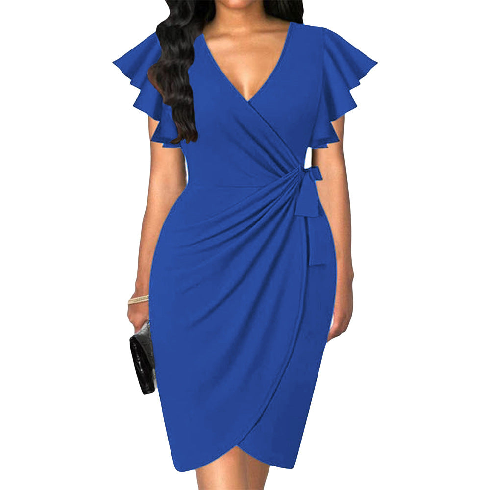 Out-Shine | Dress with V-Neck, Tight Waist, Pleating, and Bell Sleeves for Women