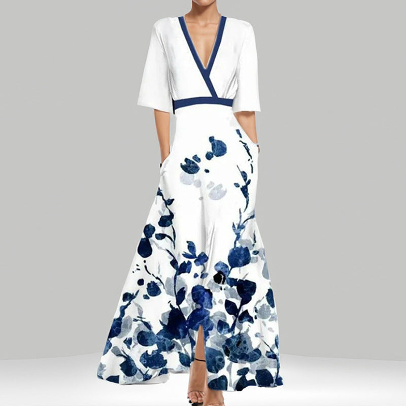 Out-Shine | Black V-neck Printed Waist Dress with Skirts