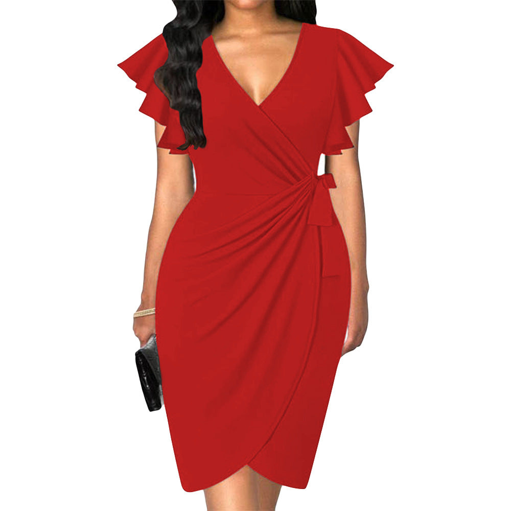 Out-Shine | Dress with V-Neck, Tight Waist, Pleating, and Bell Sleeves for Women