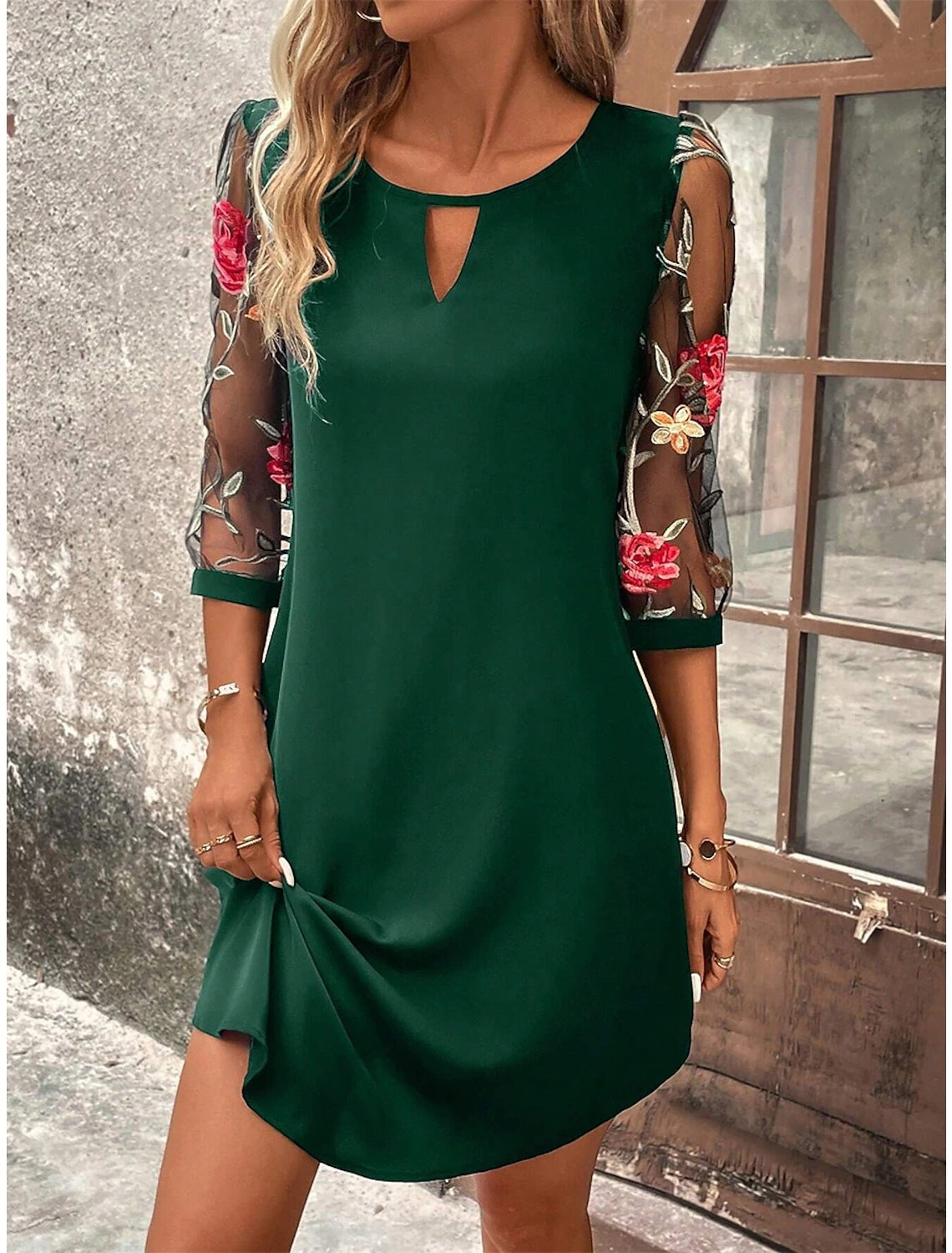 Out-Shine | Quarter Sleeve Waist-Tight Dress With Round Neck And Lace Detail