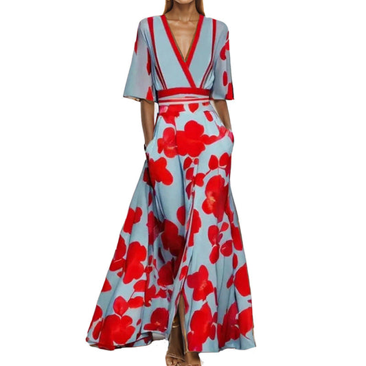 Out-Shine | Black V-neck Printed Waist Dress with Skirts