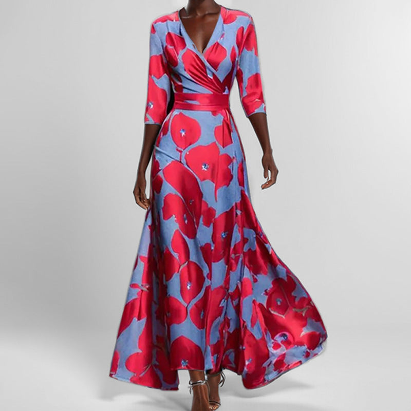 Out-Shine | Black V-neck Printed Waist Dress with Skirts