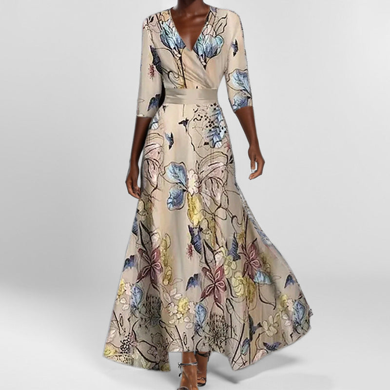 Out-Shine | Black V-neck Printed Waist Dress with Skirts