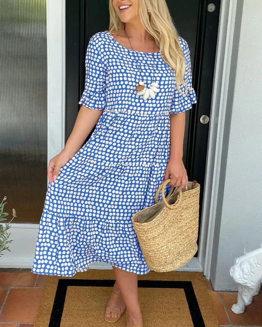 Deslumbra | Vestido de verano estampado de manga corta y cuello redondo