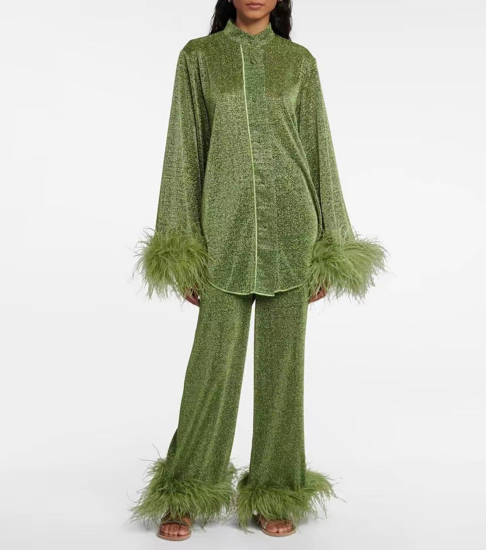 Out-Shine | Feather standing collar long sleeve top and pants set