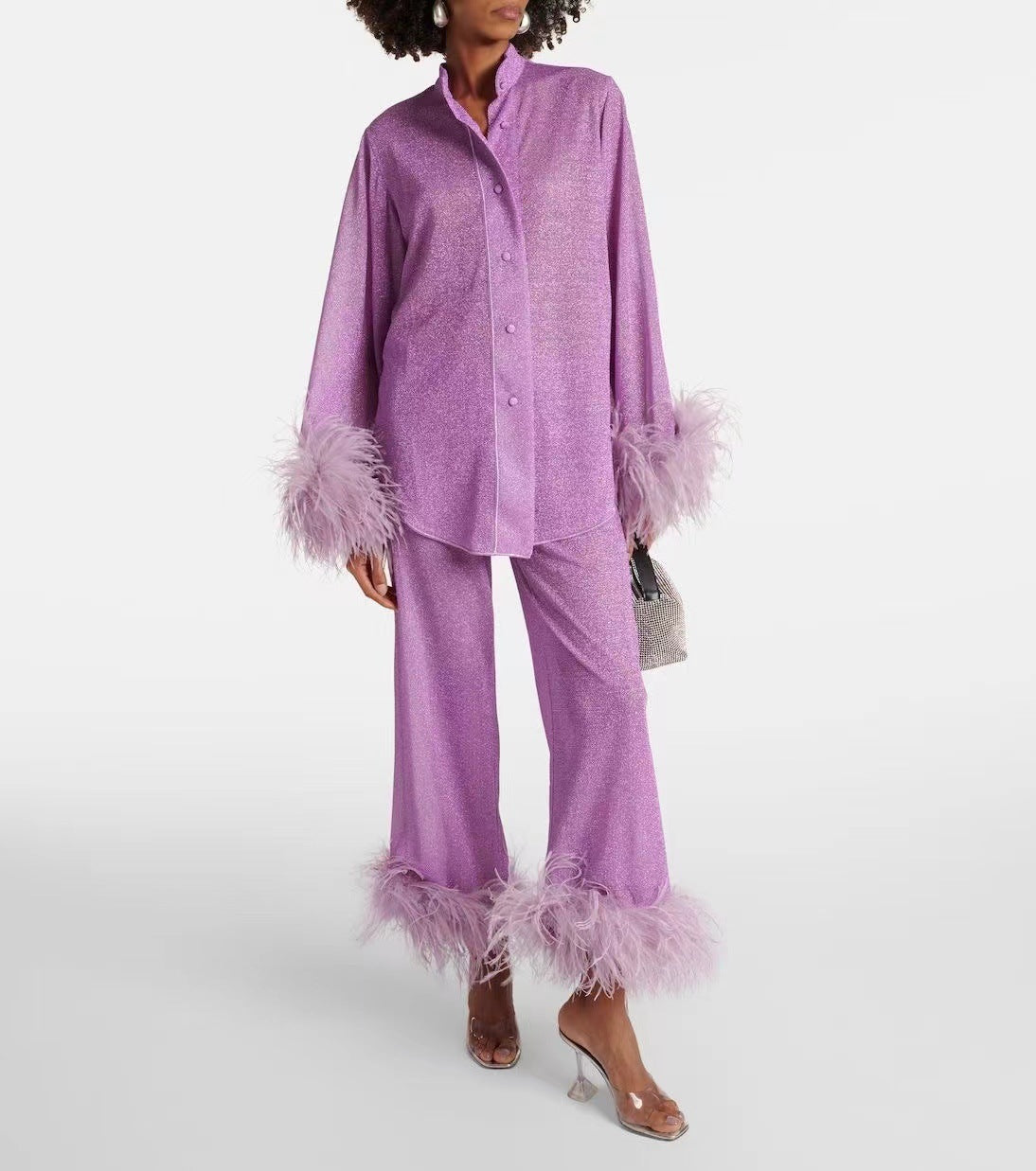 Out-Shine | Feather standing collar long sleeve top and pants set