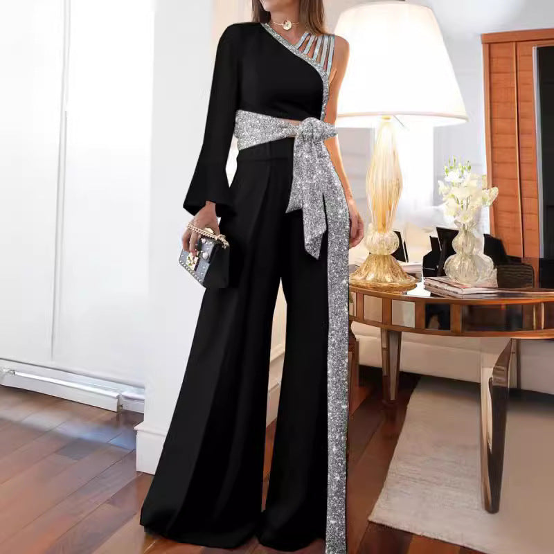 Deslumbra | Conjunto de pantalón ancho con hombros descubiertos 