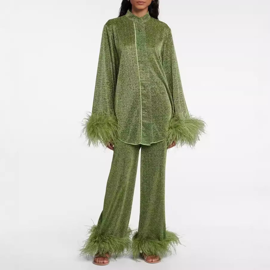 Out-Shine | Feather standing collar long sleeve top and pants set