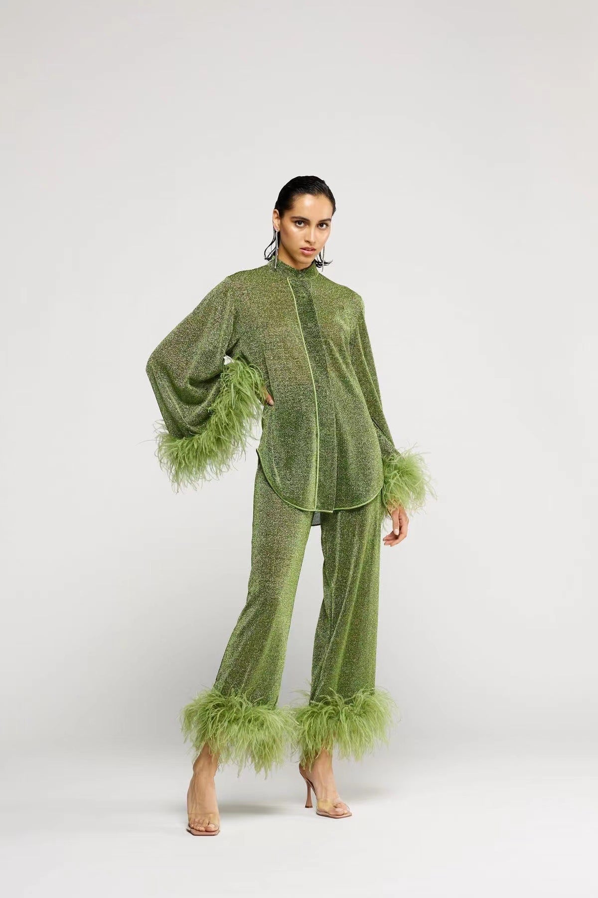 Out-Shine | Feather standing collar long sleeve top and pants set