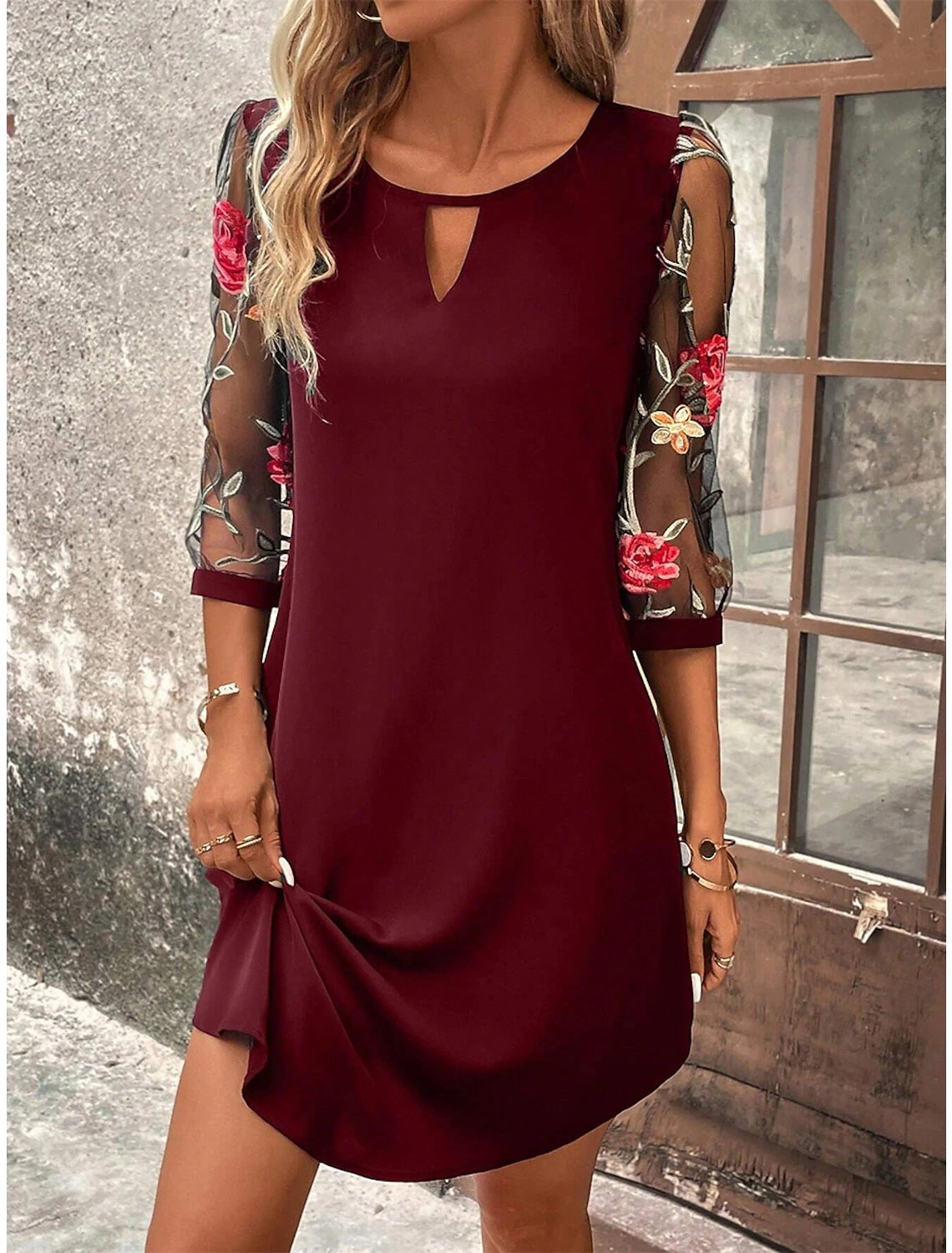 Out-Shine | Quarter Sleeve Waist-Tight Dress With Round Neck And Lace Detail