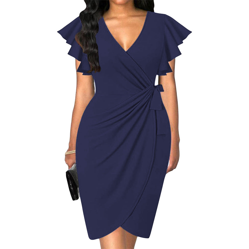 Out-Shine | Dress with V-Neck, Tight Waist, Pleating, and Bell Sleeves for Women