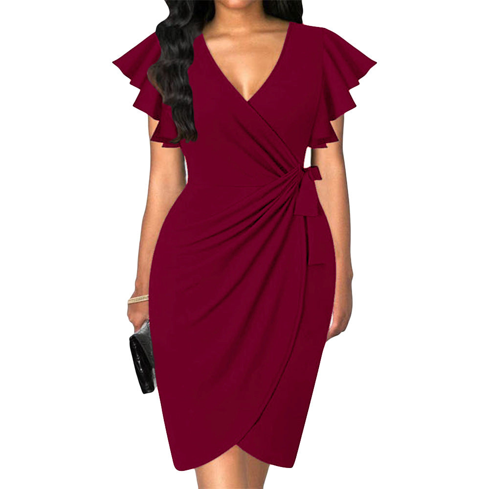 Out-Shine | Dress with V-Neck, Tight Waist, Pleating, and Bell Sleeves for Women
