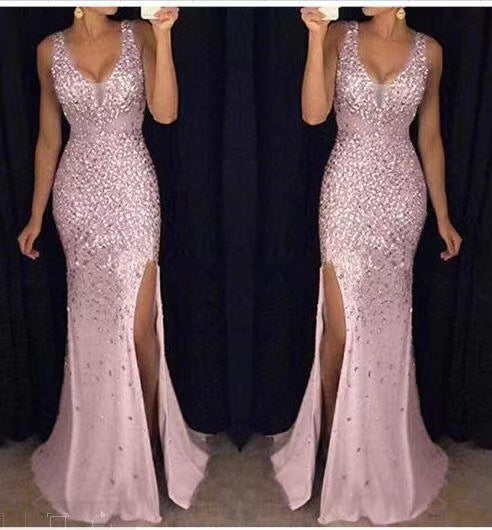 Out-Shine | Ladies Sleeveless Ball Gown With V-Neck And Leg Slit