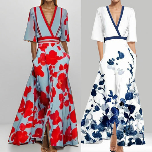 Out-Shine | Black V-neck Printed Waist Dress with Skirts