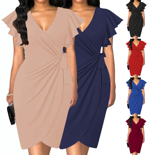 Out-Shine | Dress with V-Neck, Tight Waist, Pleating, and Bell Sleeves for Women