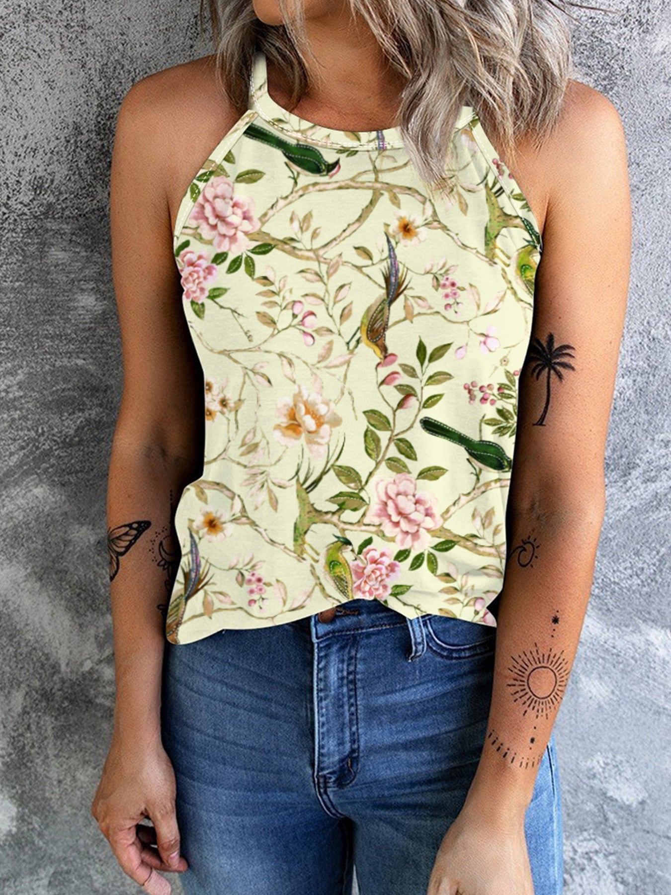 Out-Shine | Vintage Floral Plant Pattern Slim Fit Tank Top