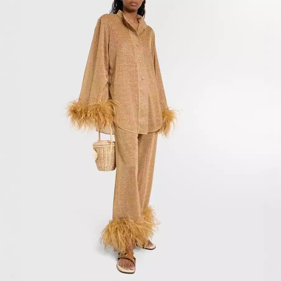 Out-Shine | Feather standing collar long sleeve top and pants set