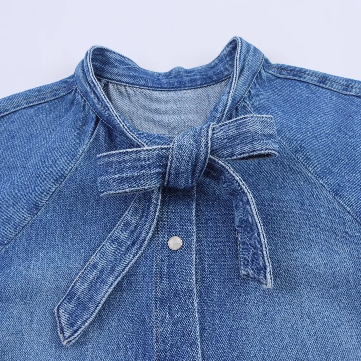 Out-Shine | Bow-Detailed Puff Short Sleeve Round Neck Denim Shirt
