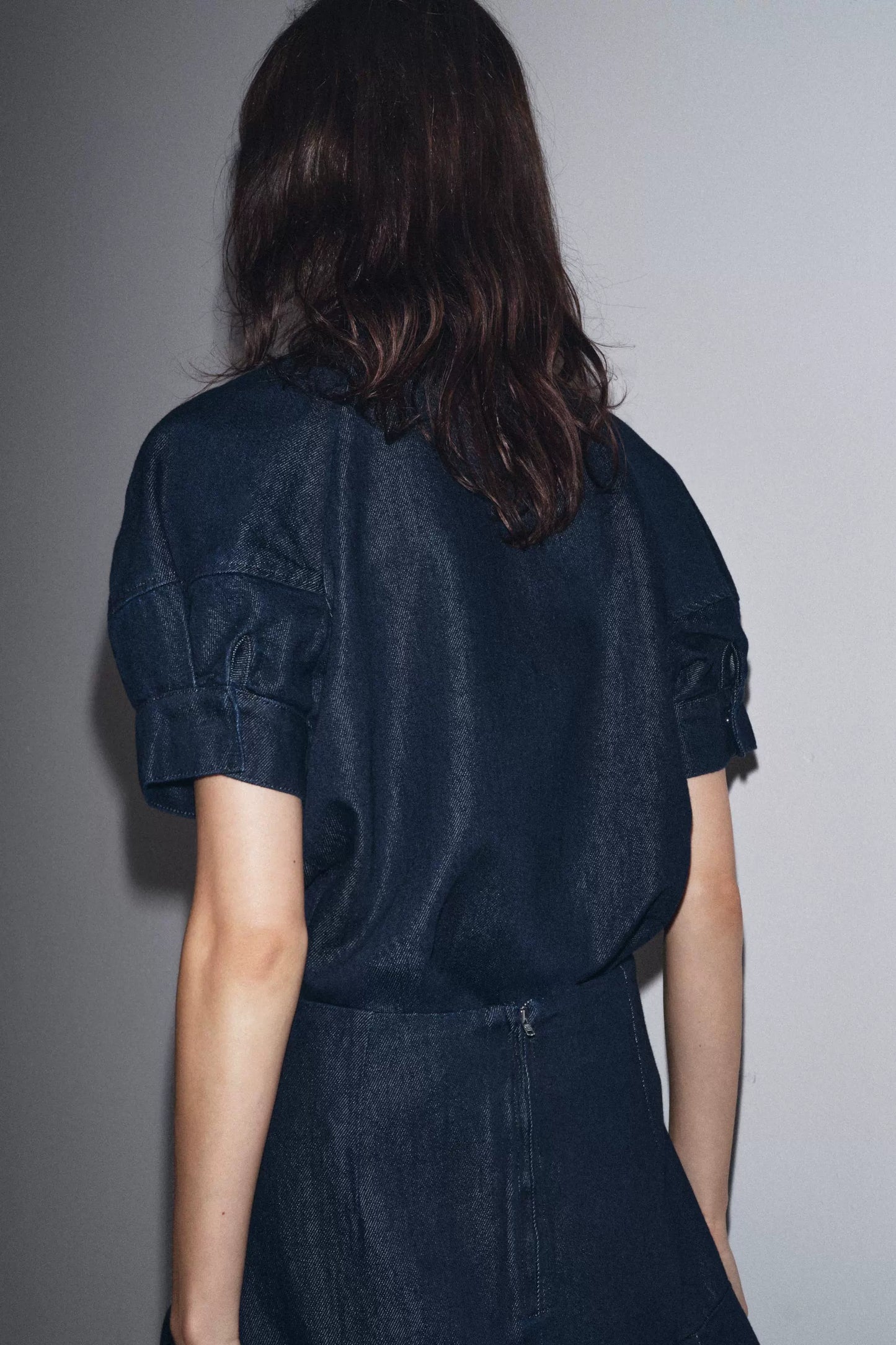 Out-Shine | Bow-Detailed Puff Short Sleeve Round Neck Denim Shirt