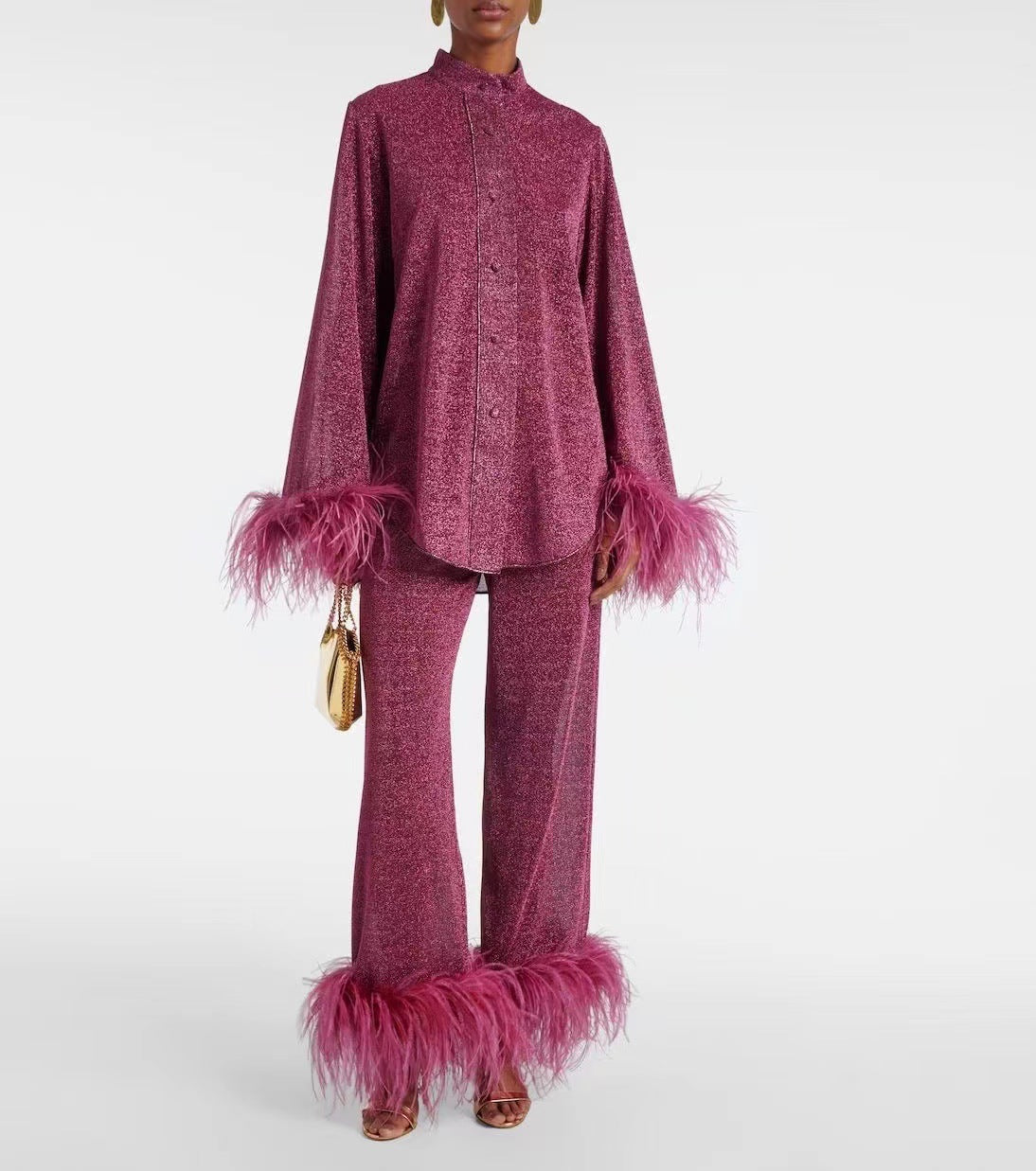 Out-Shine | Feather standing collar long sleeve top and pants set