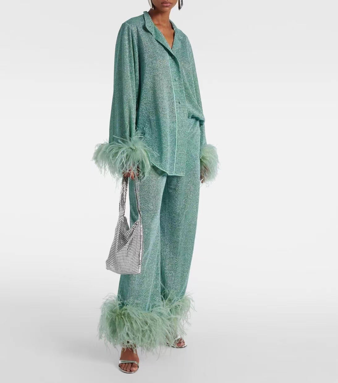Out-Shine | Feather standing collar long sleeve top and pants set