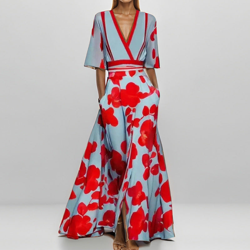 Out-Shine | Black V-neck Printed Waist Dress with Skirts