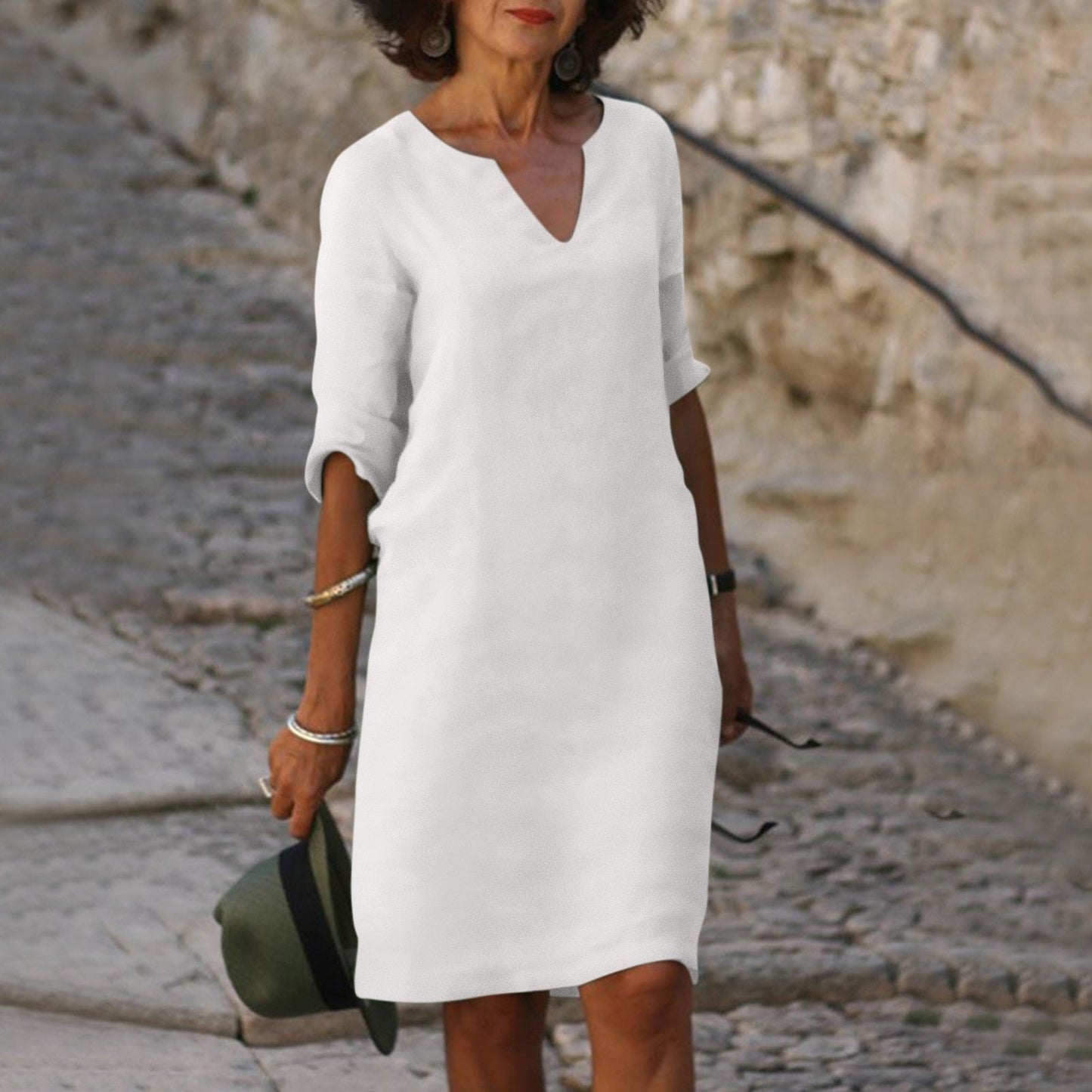 Out-Shine | Black linen summer dress with V neckline