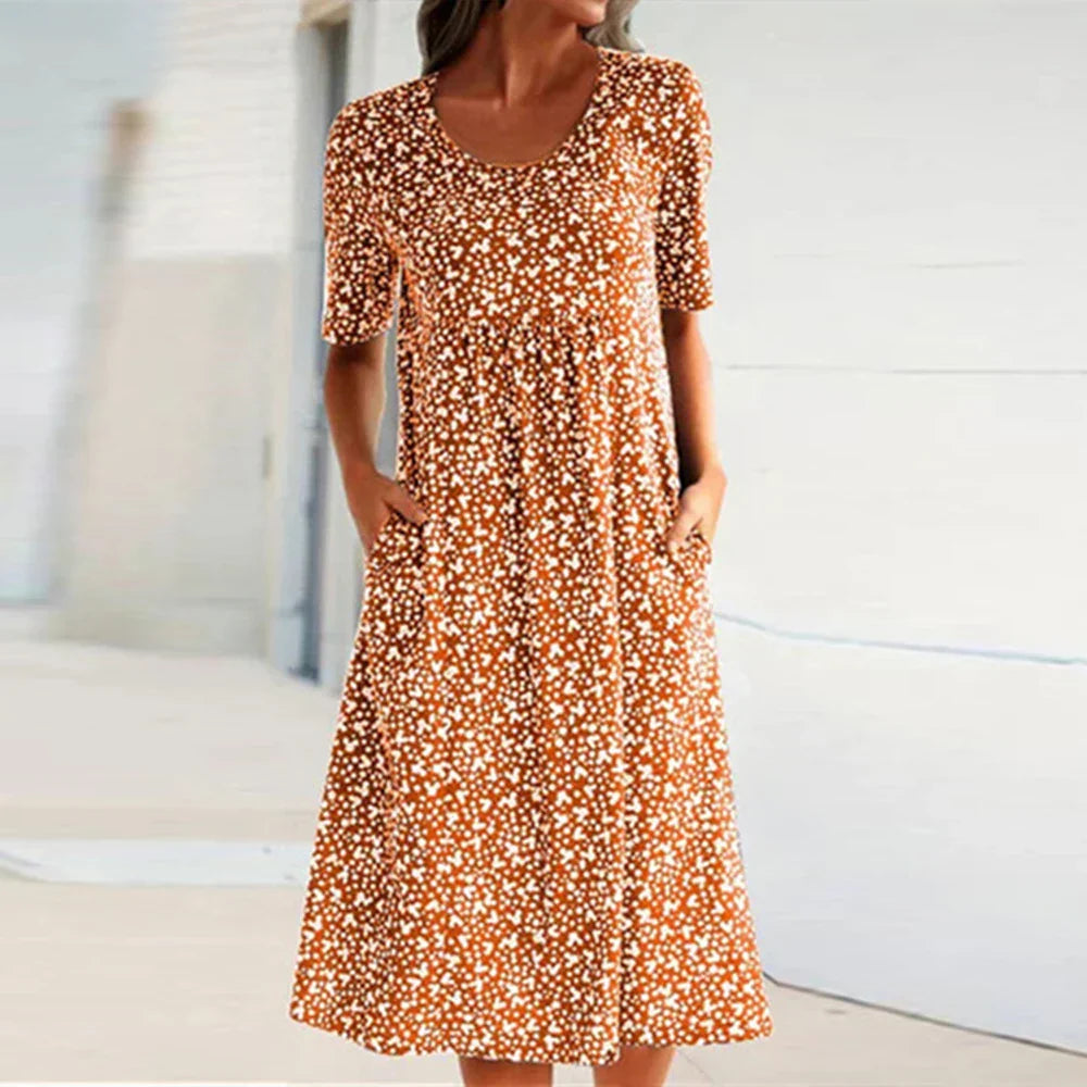 Out-Shine | Elegant O-Neck Short Sleeve Midi Dress With Pockets