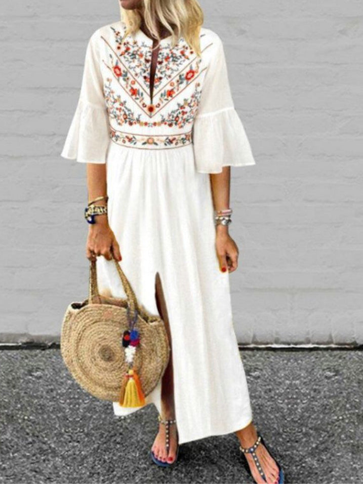 Out-Shine | Women's Loose Vintage Print Dress With Mid - Length Sleeves