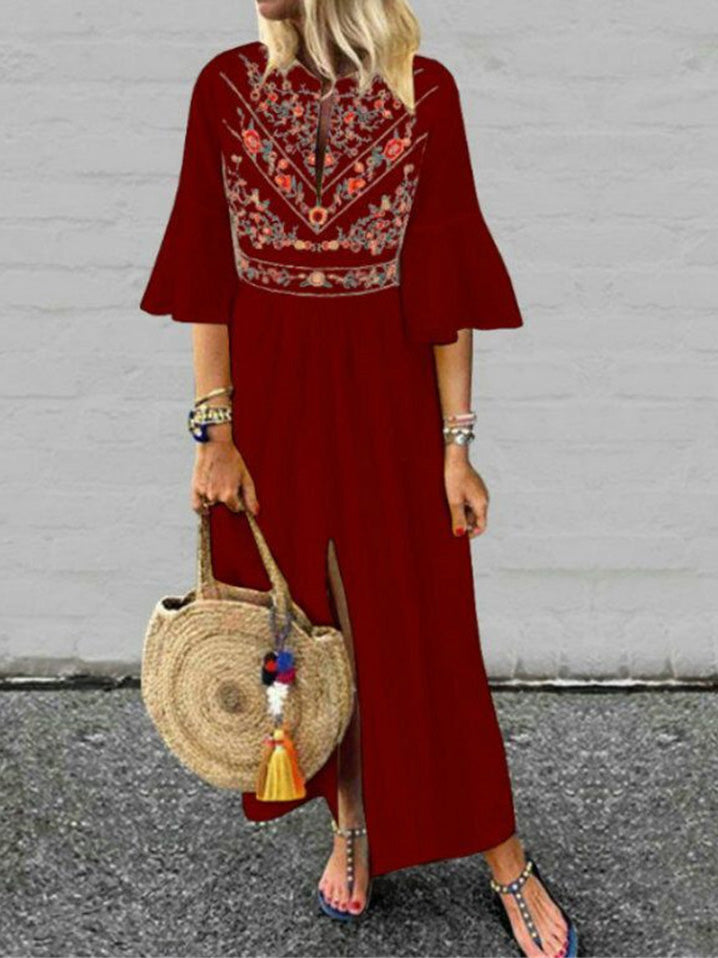 Out-Shine | Women's Loose Vintage Print Dress With Mid - Length Sleeves